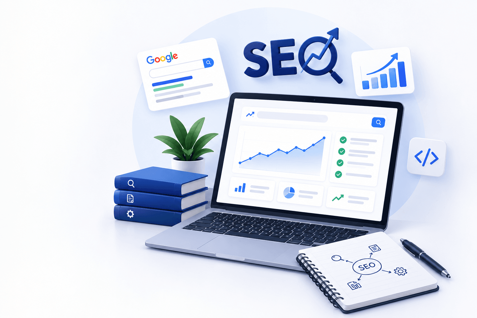 SEO analytics dashboard showing search visibility, organic traffic growth and optimization tasks